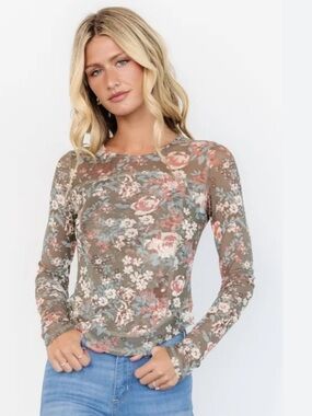 Floral Mesh Long-Sleeve Top - Rose & Olive size L